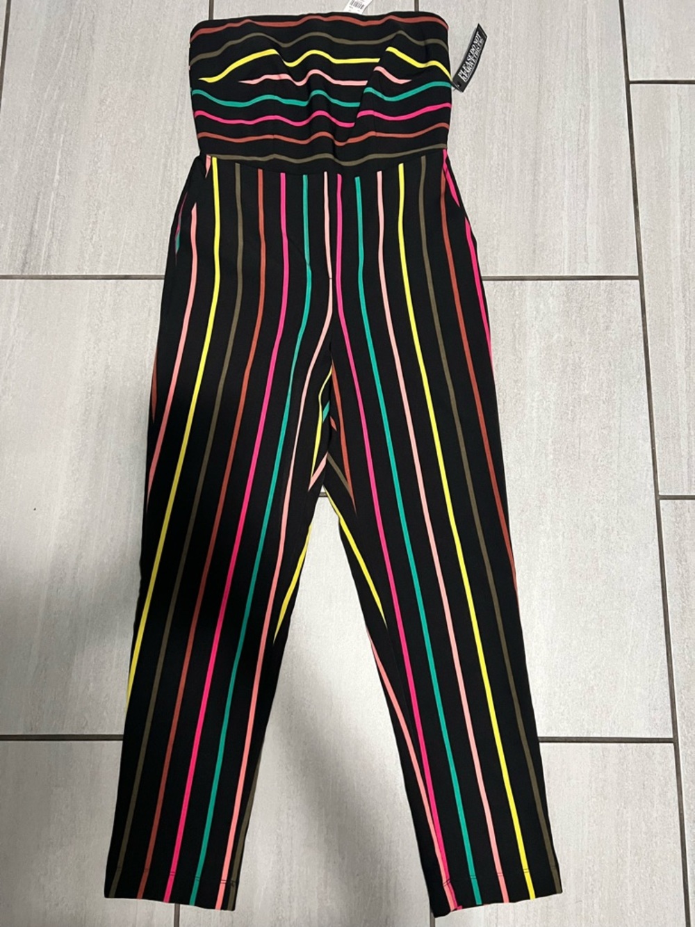 New York & Company Black Strapless Jumpsuit with Neon Stripe Detail